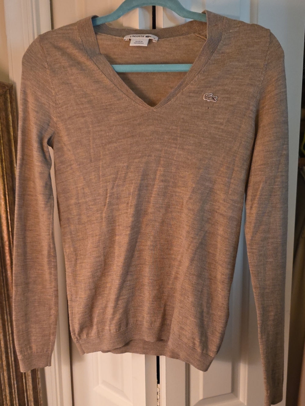 Lacoste V-Neck Sweater - Light Brown Sz 36 S/M